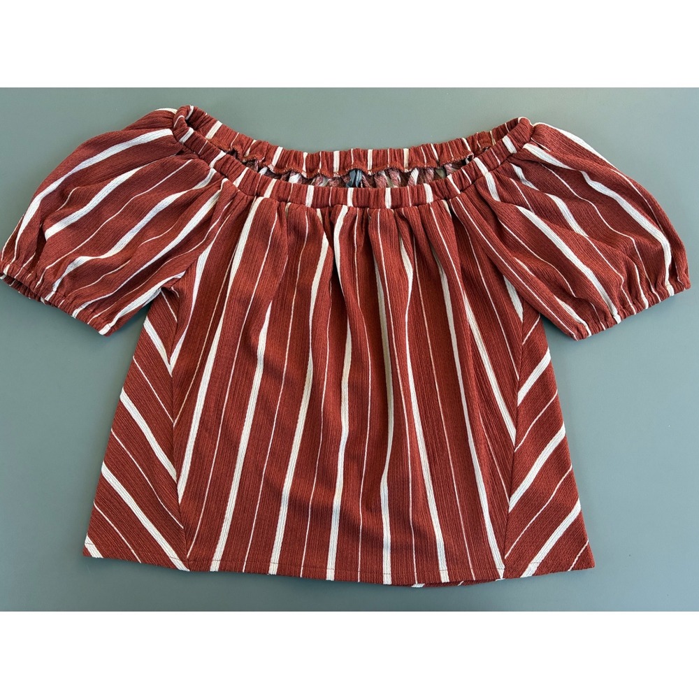 Anthropologie Rust Orange White Striped Off Shoulder Puff Sleeve Top S